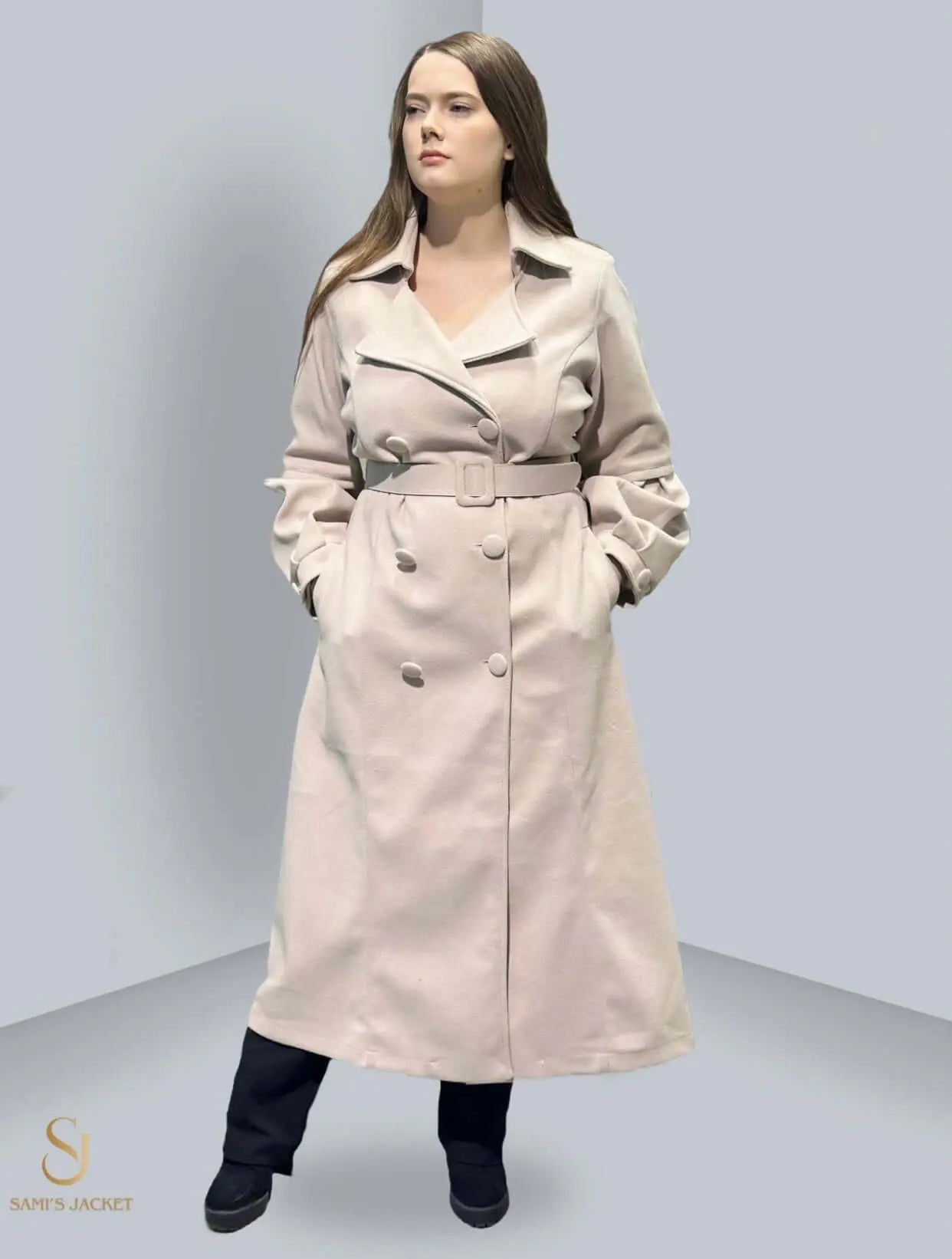 Elegant winter coat for women, featuring a belted design and stylish silhouette, perfect for cold weather fashion.